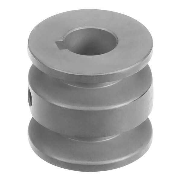 A gray circular pulley with a hole.