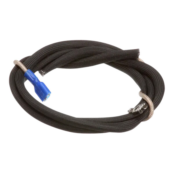 A close-up of a Hobart wire assembly with a black and blue cable.