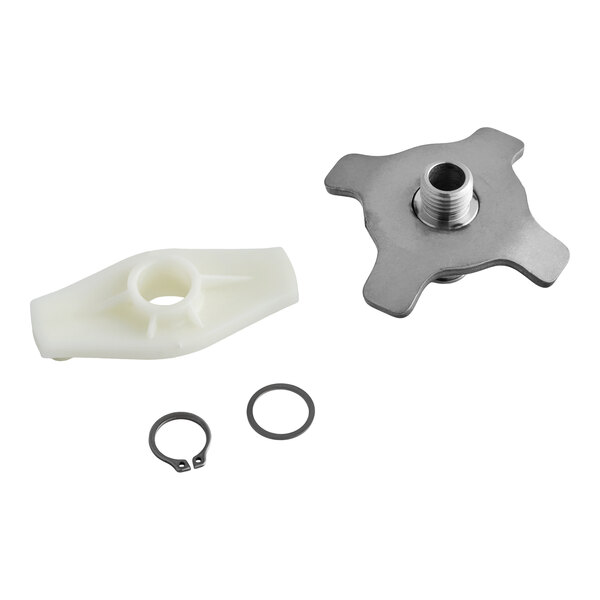 An assembly kit for a Hobart rinse arm base, including metal and plastic components.