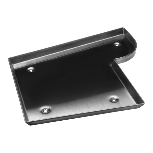 A stainless steel metal tray with holes.