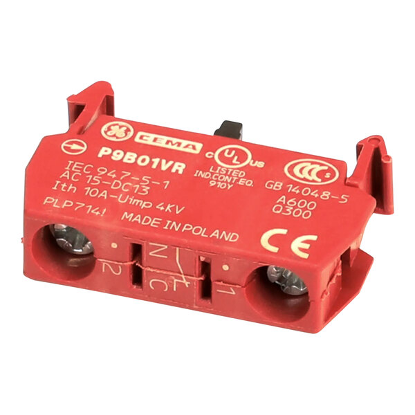 A red electrical device with white text and two screws.