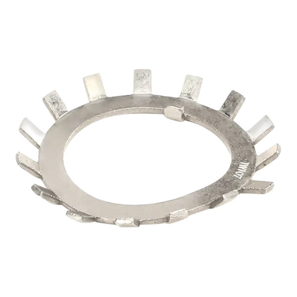 A close-up of a silver Hobart lock washer with many small holes.