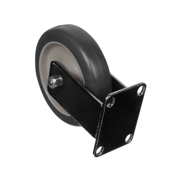 A black wheel with a metal plate on it.