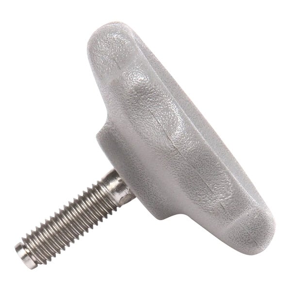 A close-up of a grey plastic knob with a screw.