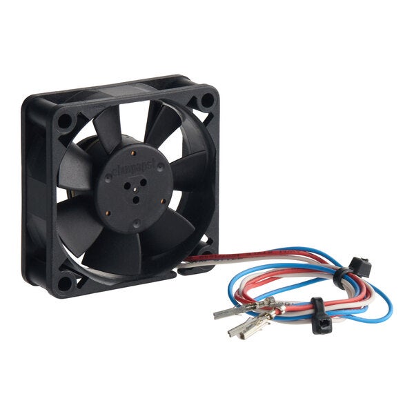 A small black electronic cooling fan with attached red and blue wires, identified as the Perfect Fry 83421 E Box Fan.