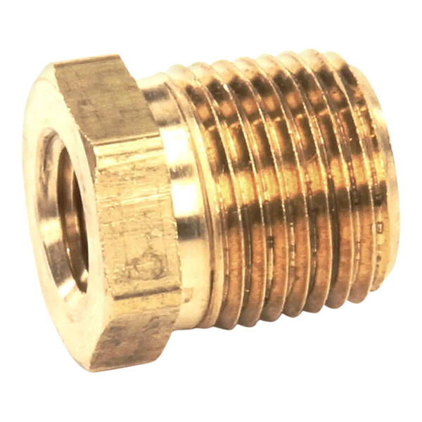 A close-up of a brass threaded nut.