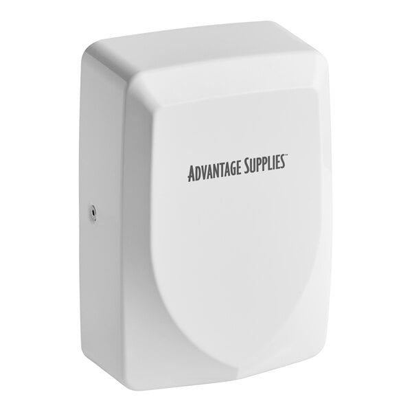A white box with the words "Advantage Supplies" and "Automatic Hand Dryer" and a logo of a hand.