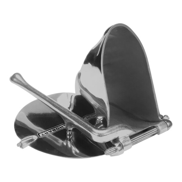 A silver metal hopper with a handle on top.