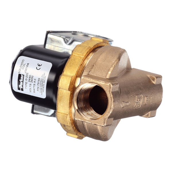 A close-up of a brass Hobart solenoid valve.