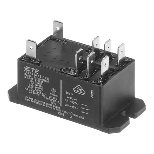 A black Hobart 2-pole relay with silver metal terminals.