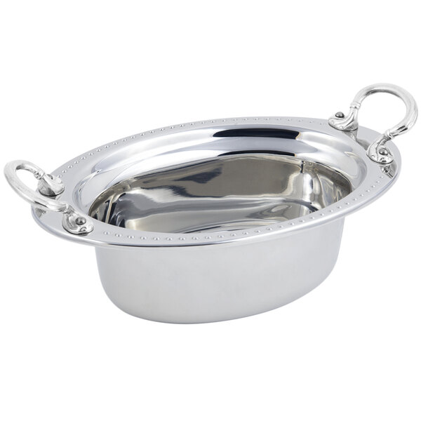 A Bon Chef stainless steel oval food pan with round stainless steel handles.