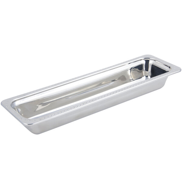 A Bon Chef stainless steel long rectangular food pan with Bolero design.