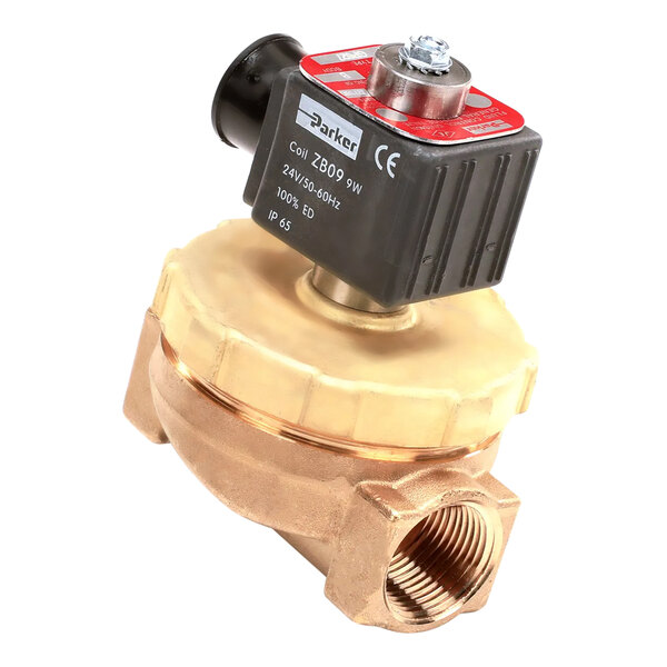 A close-up of a brass Hobart water solenoid valve with a red label and knob.