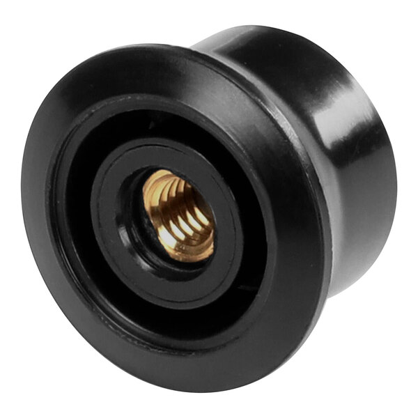 A black plastic Hobart pull knob insert with a gold screw.