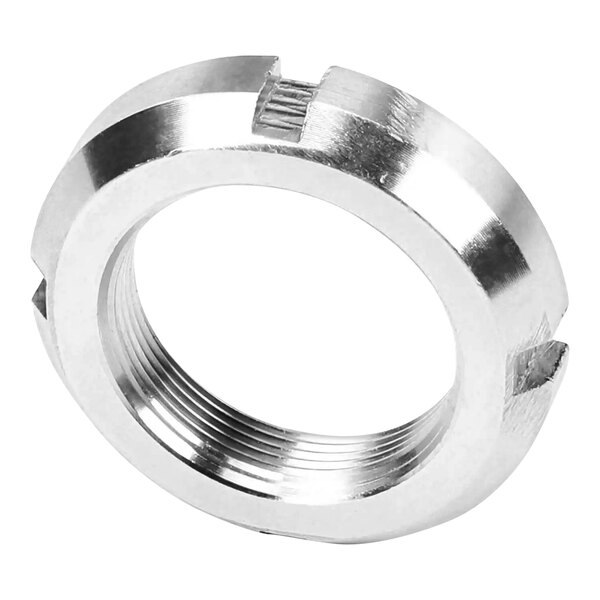 A silver Hobart nut with a threaded end.