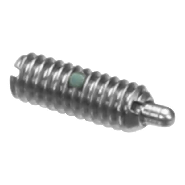 A close-up of a Hobart plunger with a green button on a screw.