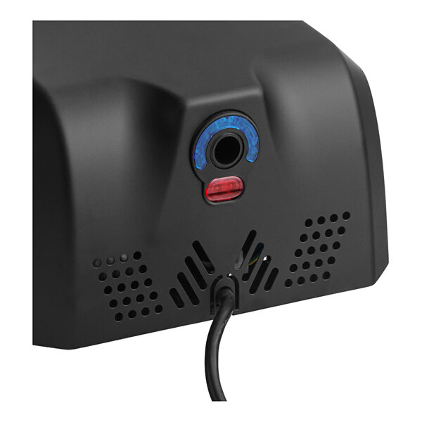A black rectangular Lavex Pro automatic hand dryer with a round blue and red light button.