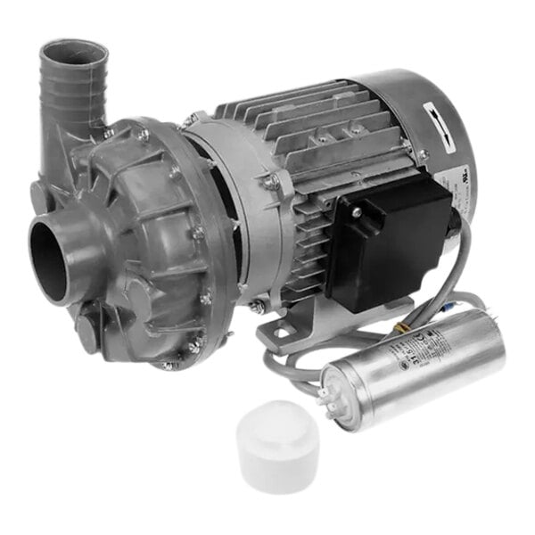A grey Hobart electric motor with a white cap and black pipe.