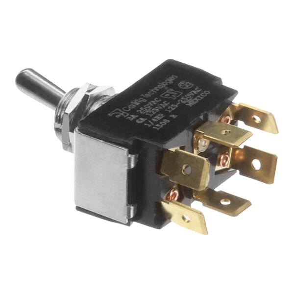 A close-up of a Hobart toggle switch with gold plated contacts.