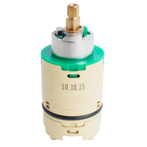 A close-up of a green and gold T&S ceramic cartridge with a white background.