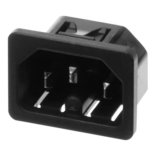 A black electrical plug with two holes and white prongs.