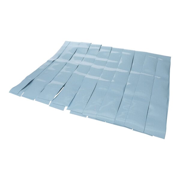 A blue plastic curtain with blue plastic strips.