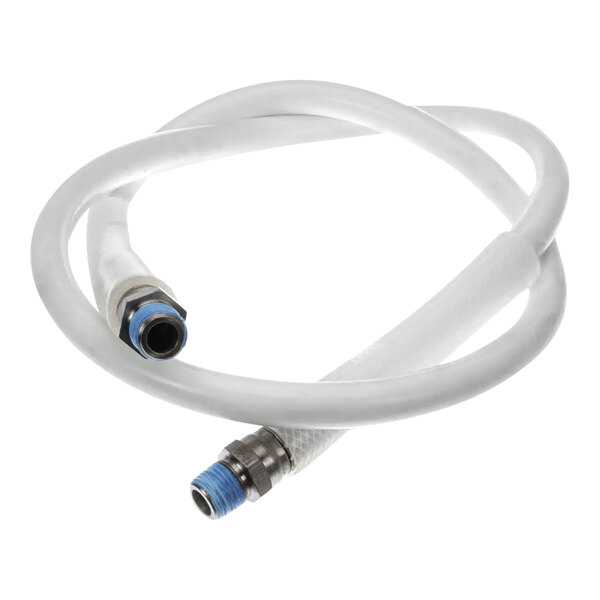 A white Oil Solutions Group hose with blue connectors.