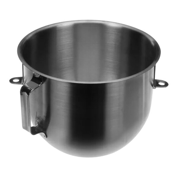A silver stainless steel Hobart mixing bowl with handles.