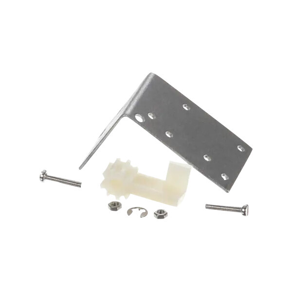 A metal corner bracket with screws and bolts.