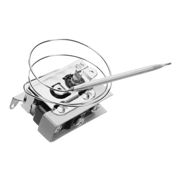 A close-up of a Hobart thermostat with a wire attached.