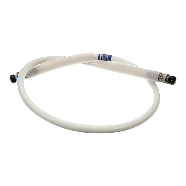 A white flexible hose with blue and black connectors.