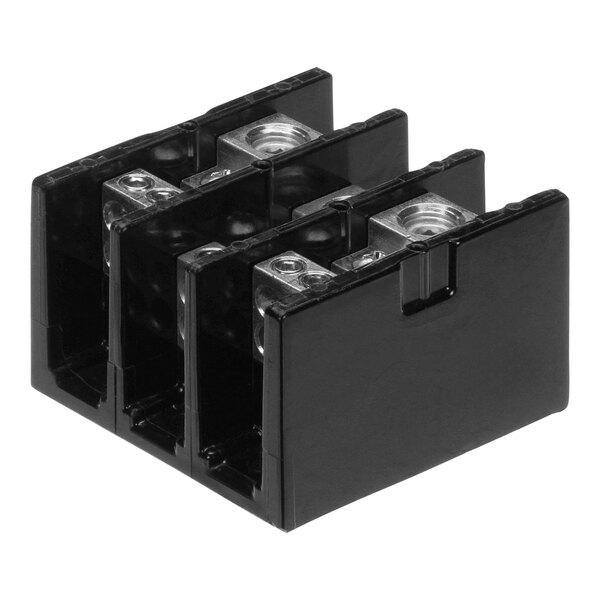 A close-up of three black Hobart terminal blocks.