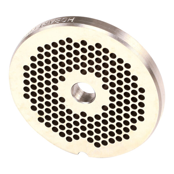 A close up of a silver Hobart #12 1/8 Plate, a circular metal disc with holes in it.