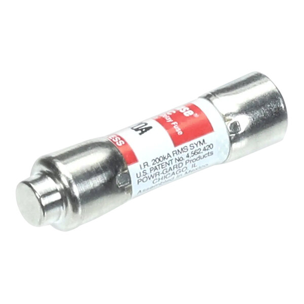 A close-up of a silver Hobart fuse with red and black labels.