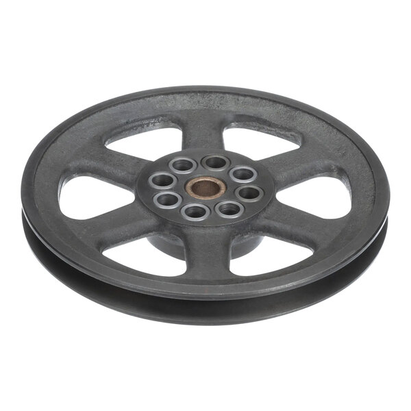 A black Hobart pulley wheel with a metal rim.