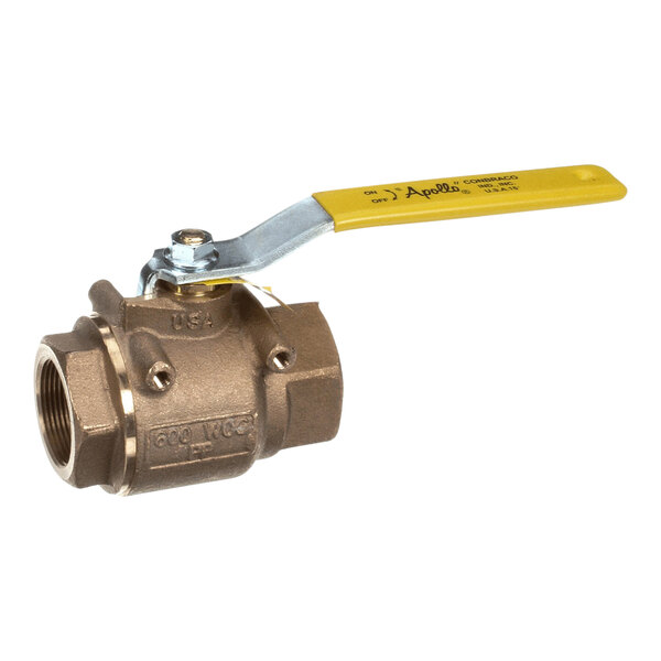 A close-up of a brass Hobart ball valve with a yellow handle.