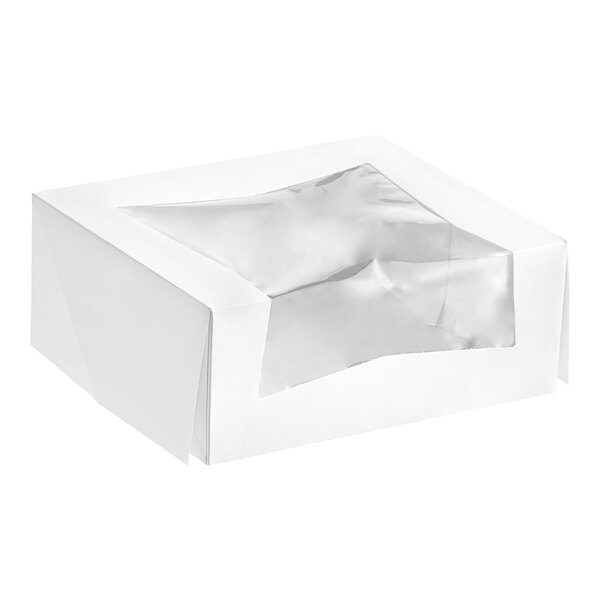 A white box with a clear plastic window.