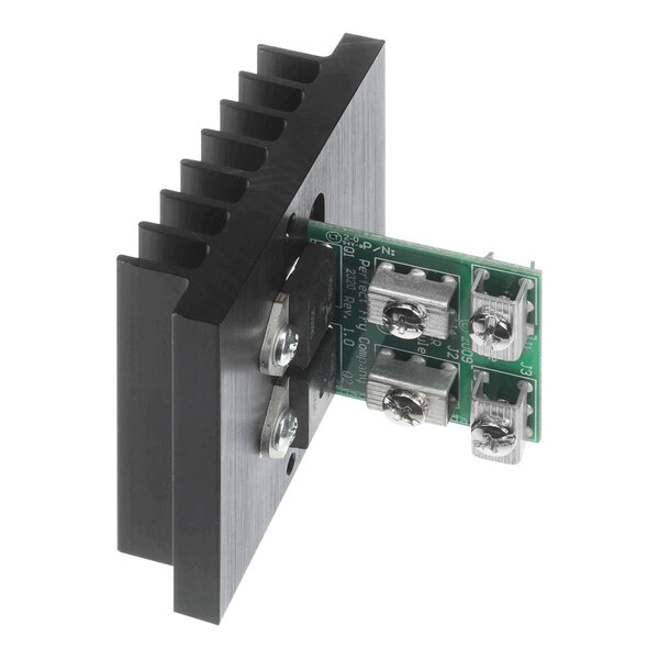 A black rectangular Perfect Fry Scr Board Assy with silver metal parts and two wires.