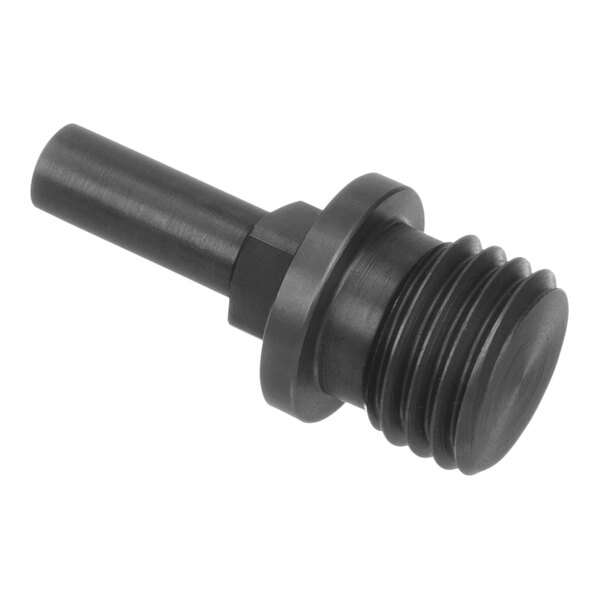 A close-up of a black metal cylinder with a threaded nut.