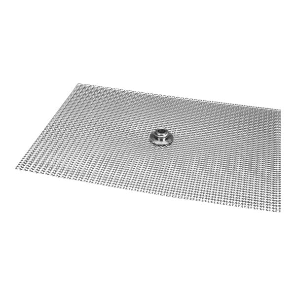 A close-up of a stainless steel mesh screen with a hole in it.