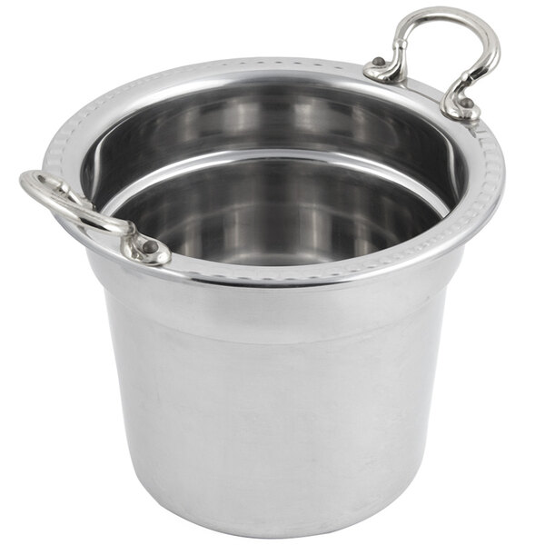 A stainless steel soup tureen with round stainless steel handles.