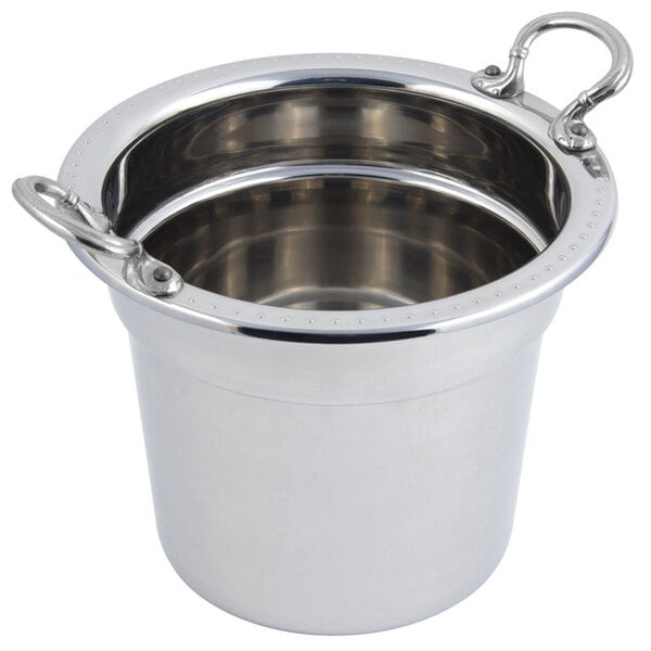 A stainless steel Bon Chef soup tureen with round stainless steel handles.