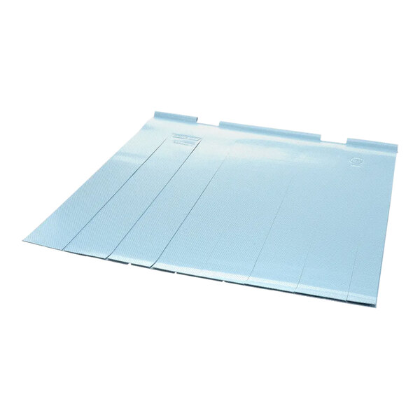 A white plastic sheet with blue Hobart corner splash curtains.