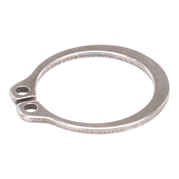 A close-up of a silver Hobart retaining ring with a hole in it.