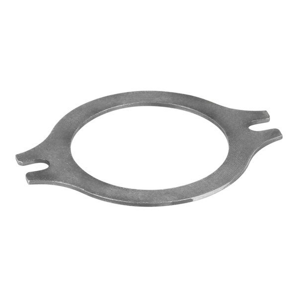 A close-up of a Hobart metal washer with a hole in it.