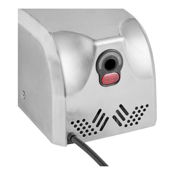 A Lavex DryPlus stainless steel automatic hand dryer with a red light.