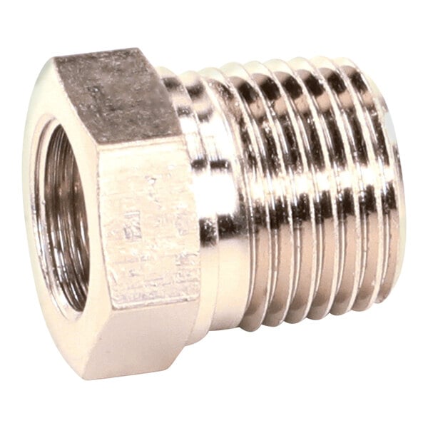 A close-up of a stainless steel Hobart nut.