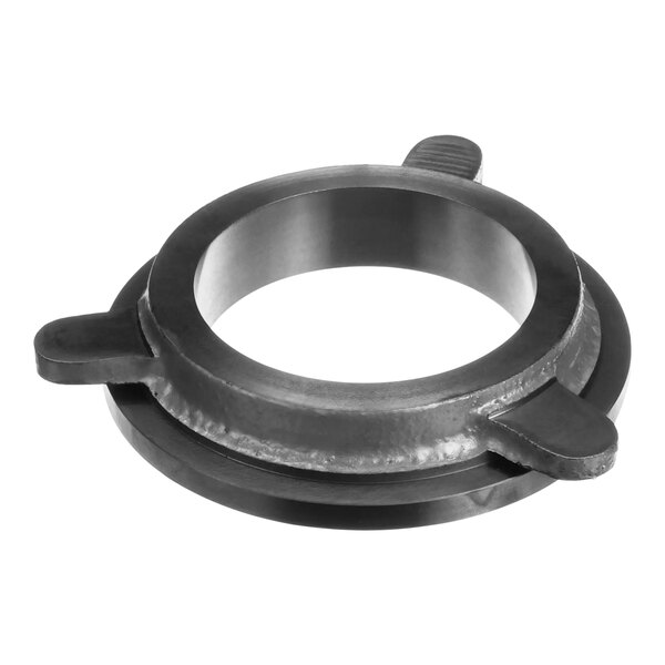 A close-up of a black metal Hobart plate with two handles.