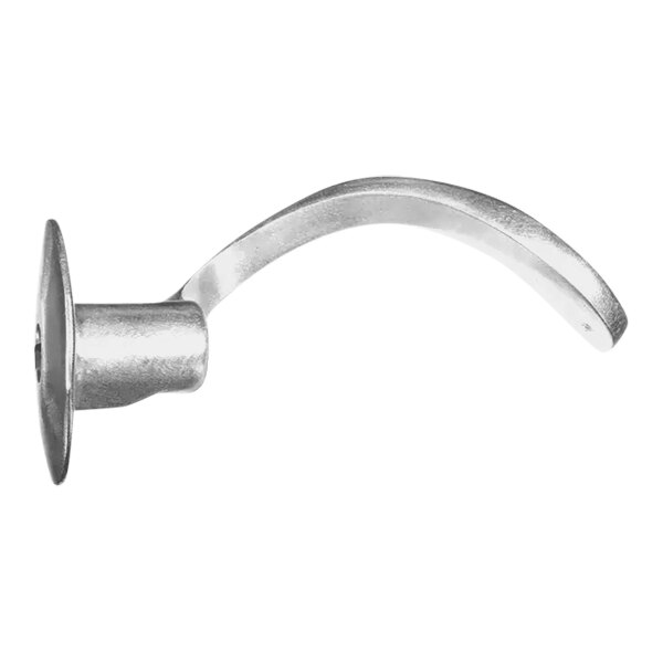 A silver metal curved arm with a hole at the end.