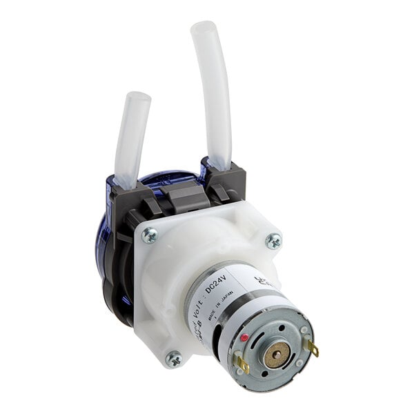 A close-up of a blue and white Hobart chemical pump with two tubes.